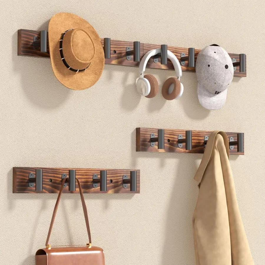 Appendiabiti da Parete, Ganci Rustici per Cappotti Montati a Muro con 16 Ganci a T in Metallo Nero Resistente, Legno di Pino Massiccio Grande C