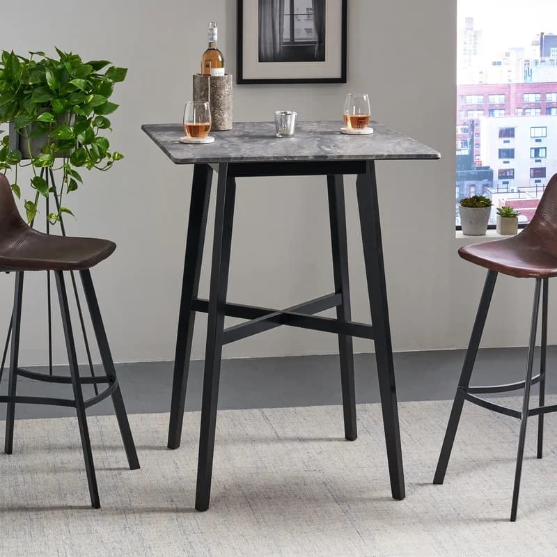 Modern 42" Bar Height Dining Table with Rubberwood Legs and Laminate Top in Black Paladina Marble Finish