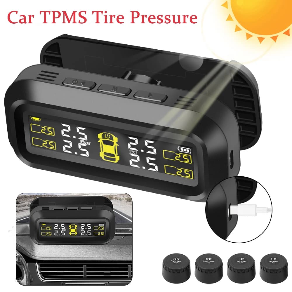 Sistema di Monitoraggio della Pressione degli Pneumatici Solare per Auto con Allarme Temperatura, Risparmio Carburante, 4 Sensori Esterni