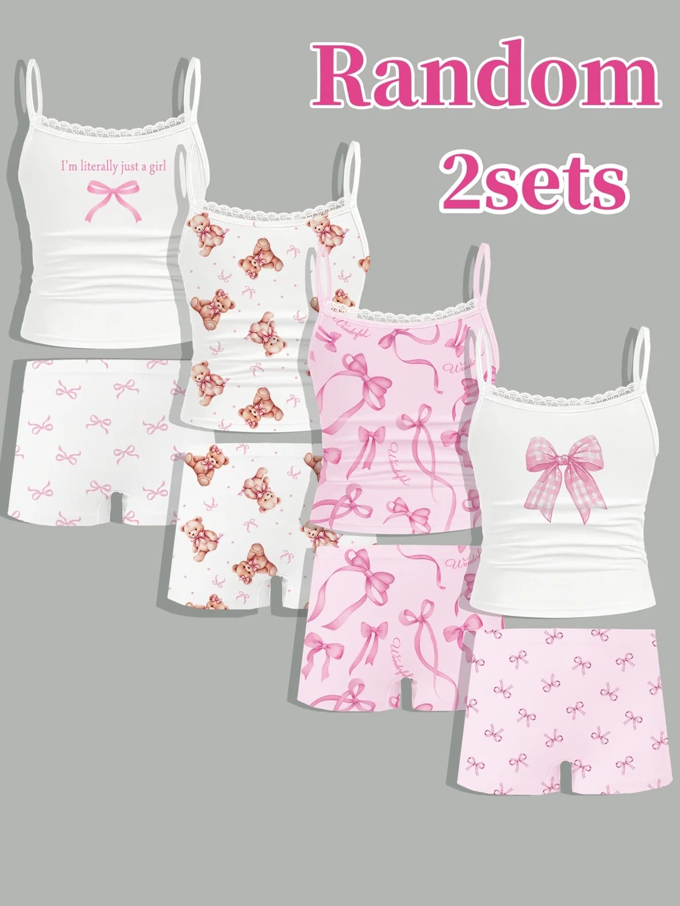 Random 2-Piece Set for Girls, Simple and Stylish, Sweet and Cute Bear Print Pattern Camisole and Shorts Underwear Four-Piece Set
