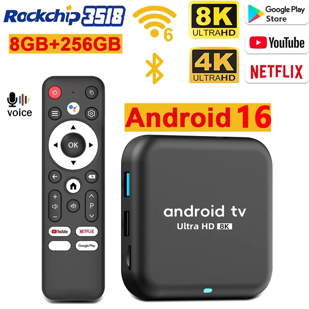 Smart TV Box RK3518 Android16 Q18 Dual Wifi6 BT5.4 HDR10+ 8K Netflix YouTube Lettore Multimediale in Streaming Assistente Vocale Google 256GB