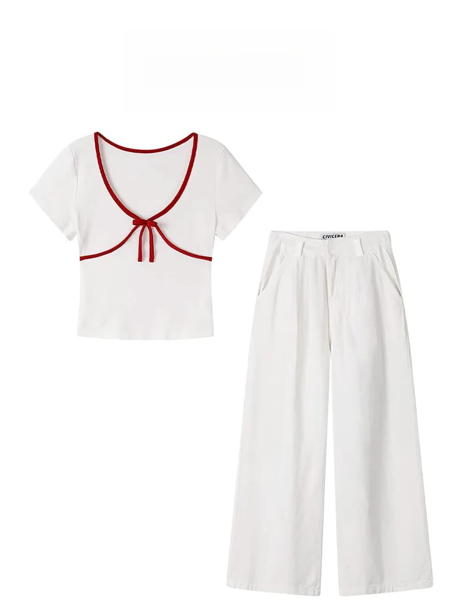 White V-neck Knot Short Sleeve T-shirt High Waist Draped Straight Leg Casual Wide Leg Pants Set Parkyeon