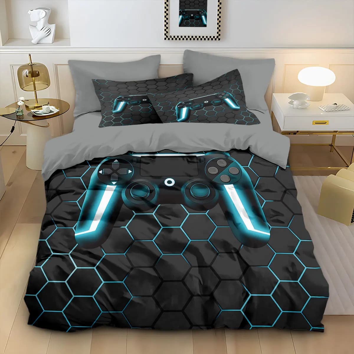 Set di 3 Copripiumini con Stampa di Controller di Gioco, Decorazione per Letto in Varie Misure, Lavabile in Lavatrice