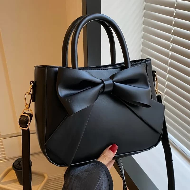 Elegante borsa a tracolla decorativa con fiocco nero con hardware dorato e tracolla orizzontale staccabile, elegante quotidiano