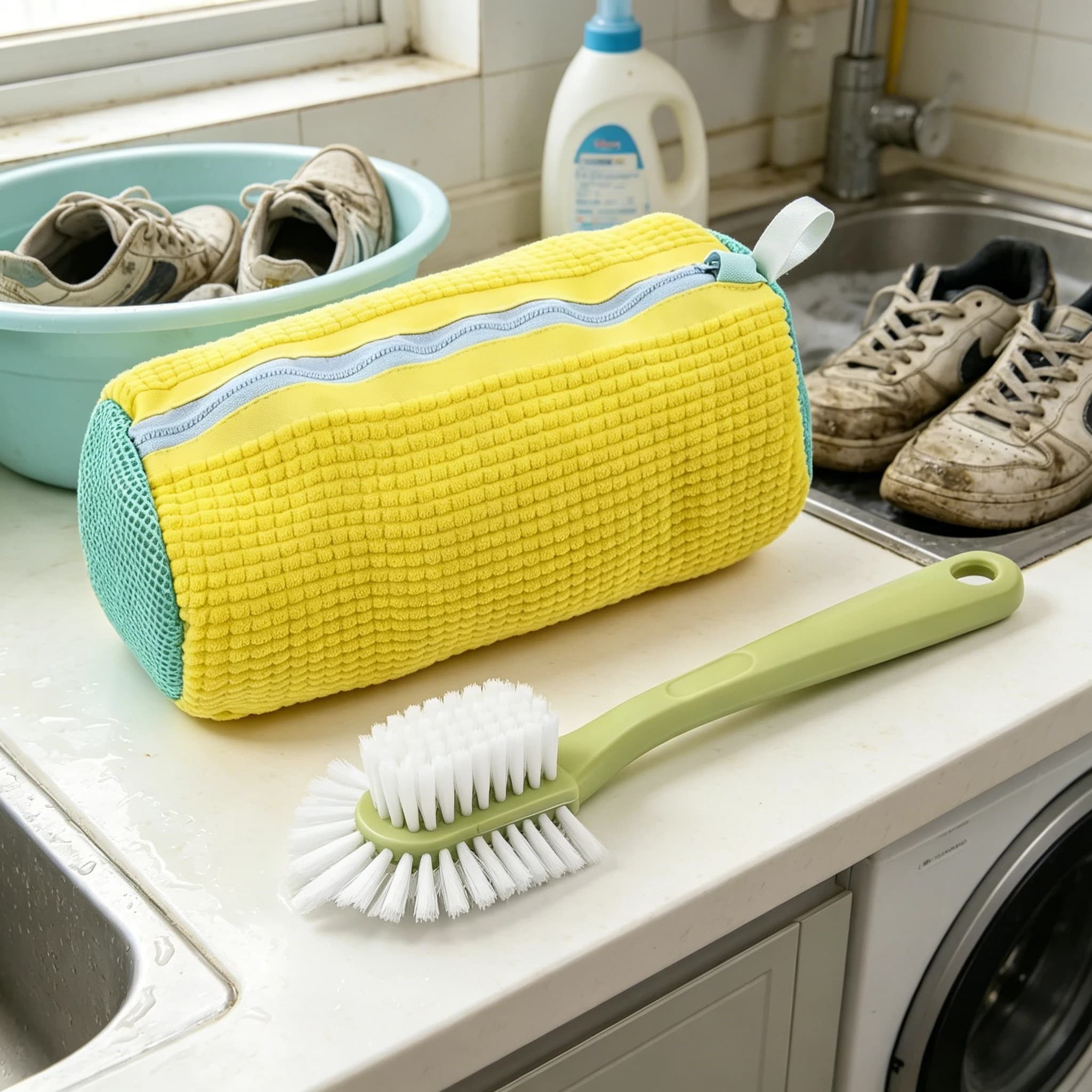 Set per la Pulizia delle Scarpe, Borsa Anti-Deformazione e Spazzola per Lavaggio Sneaker, Rimozione Macchie e Uso Domestico