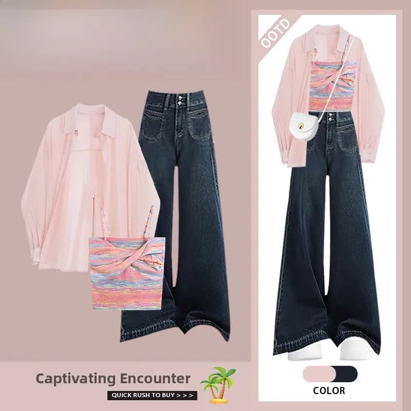 Completo Estivo Donna Dopamina: Set Tre Pezzi in Denim con Protezione Solare, Camicia, Gilet e Jeans dal Design Elegante