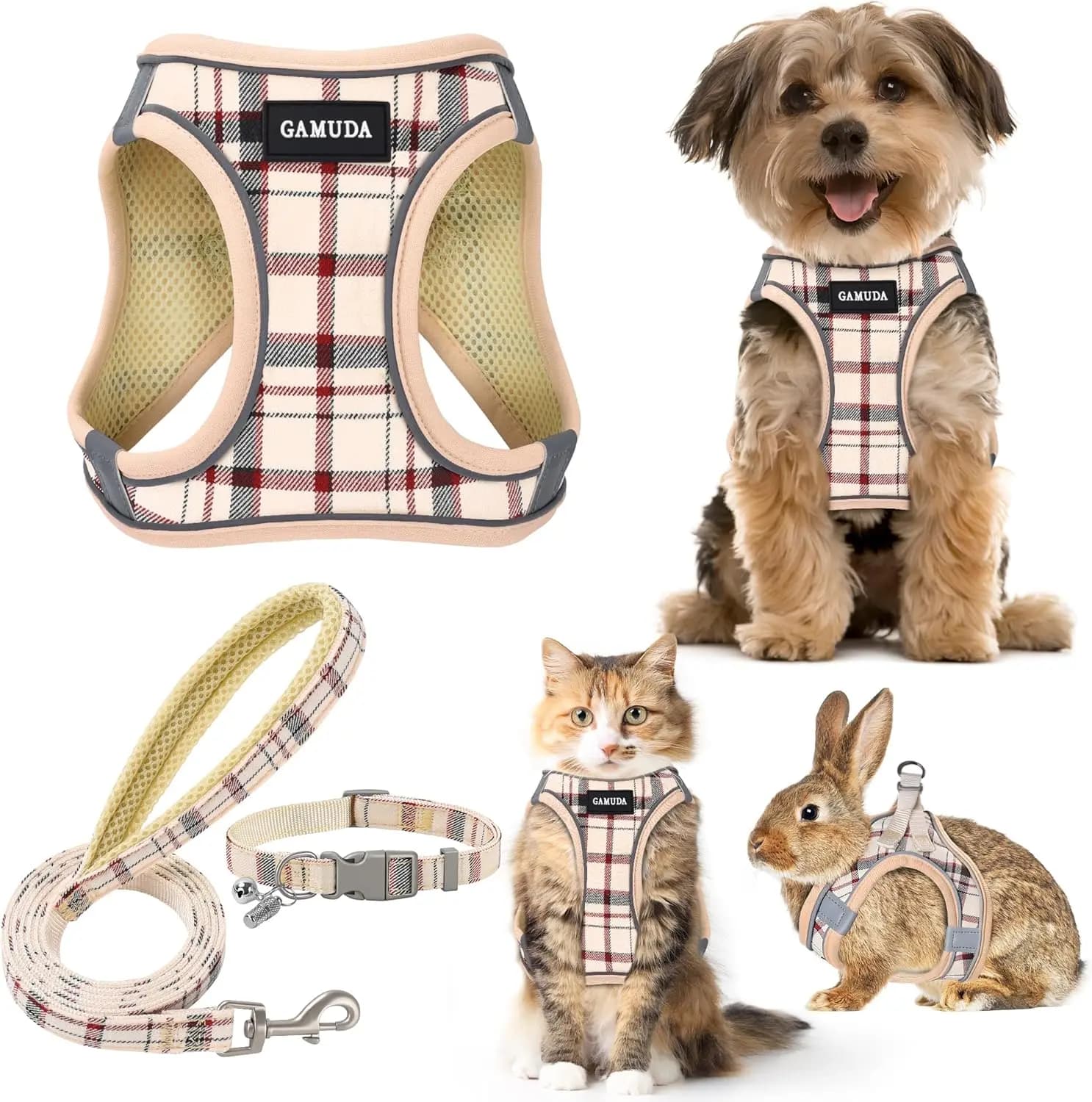 Set guinzaglio per collare con imbracatura per cani di piccola taglia, gilet in rete regolabile step-in senza tirare con plaid riflettente per cuccioli di gatto coniglio (Beige, S)