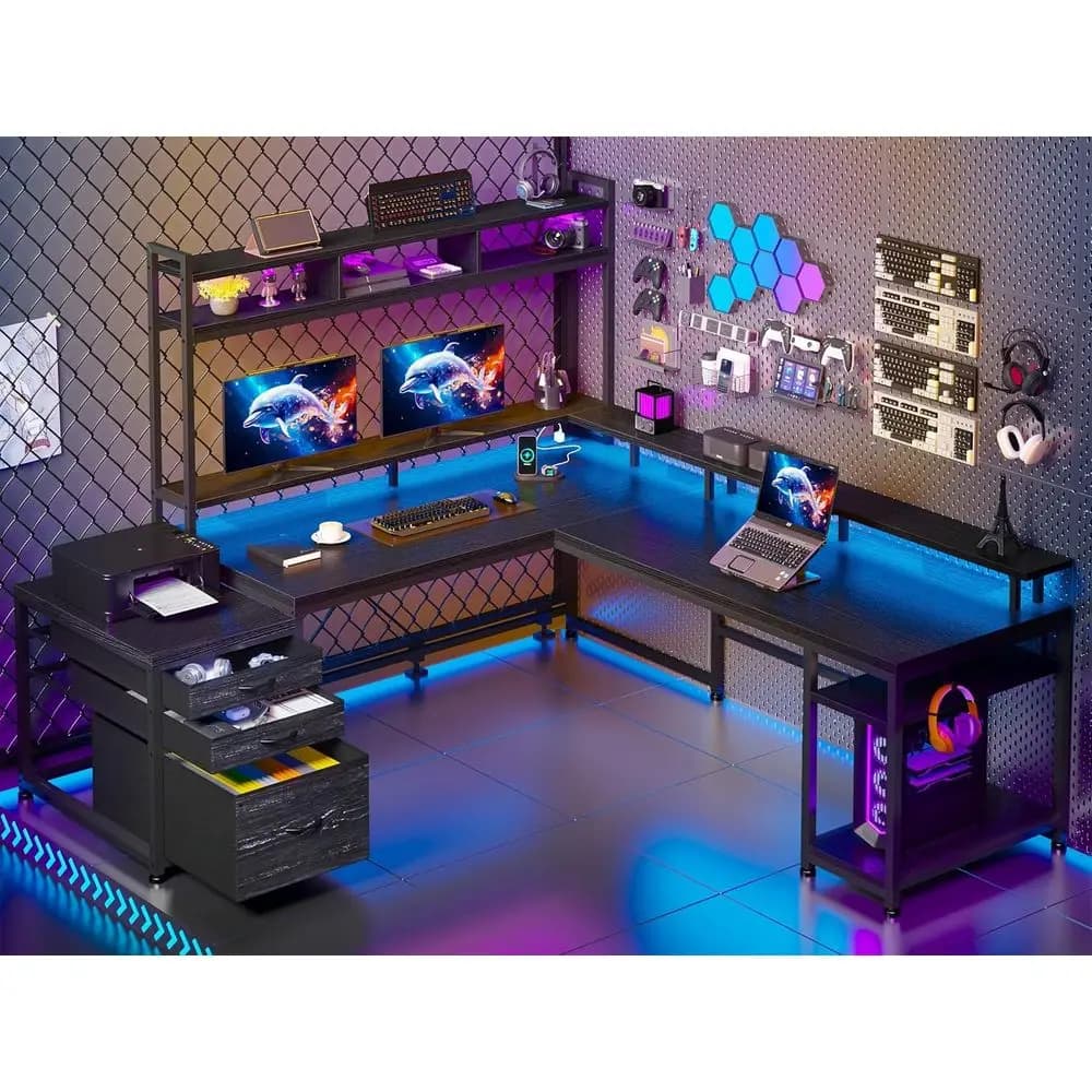 Scrivania a L 64 x 60 con mobiletto superiore, presa di corrente, supporto per monitor e luci LED, doppio uso per ufficio e gaming, nera