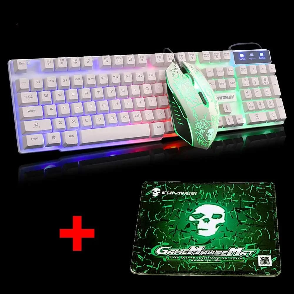 Set tastiera e mouse da gioco con layout USA Arcobaleno ergonomico retroilluminato Arcobaleno + Mouse 2400 DPI a 6 pulsanti LED arcobaleno + tappetino per mouse