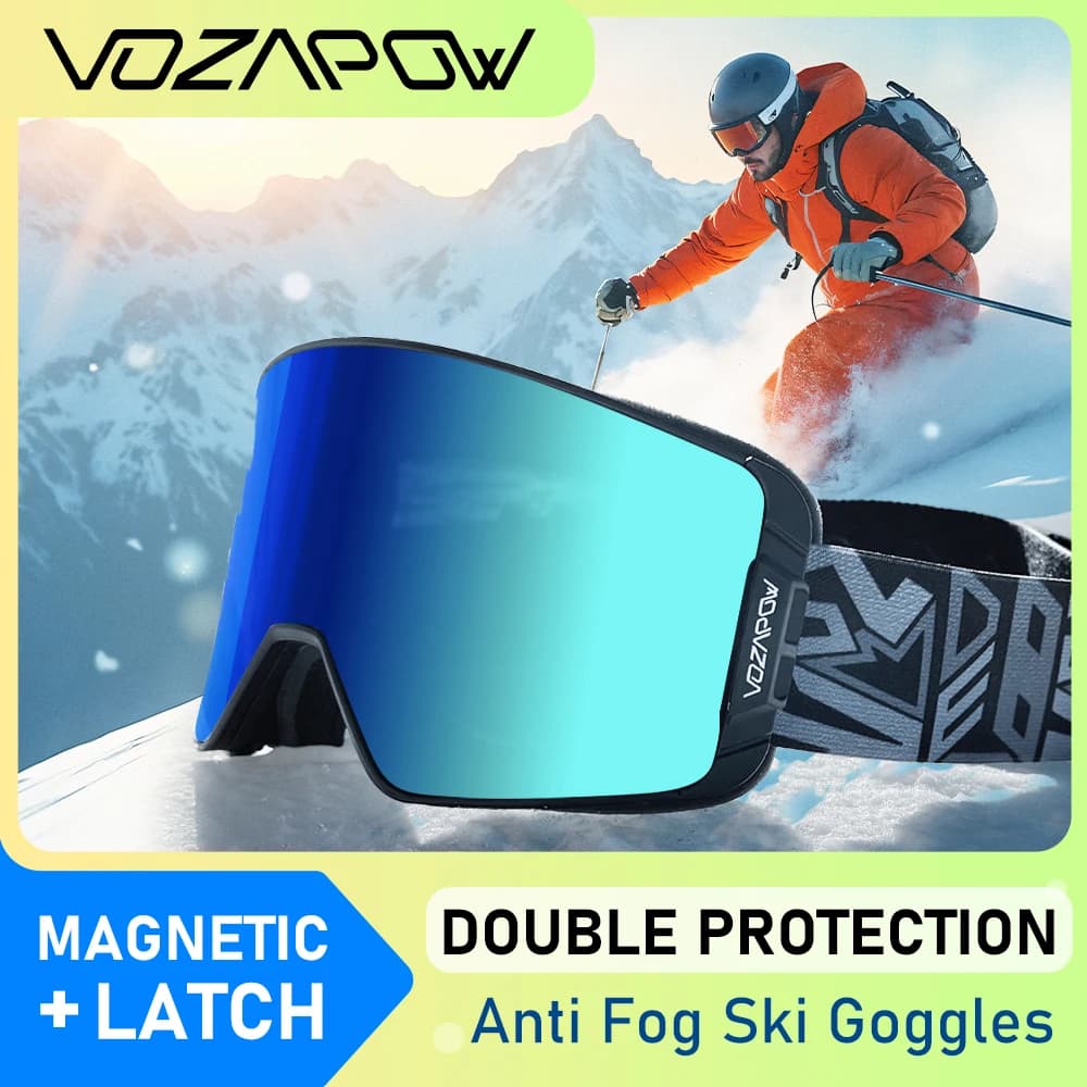 Vozapow Occhiali da sci professionali Maschera da sci magnetica antiappannamento a doppio strato Uomo Donna Super View Snowboard UV400 Occhiali da sole da neve