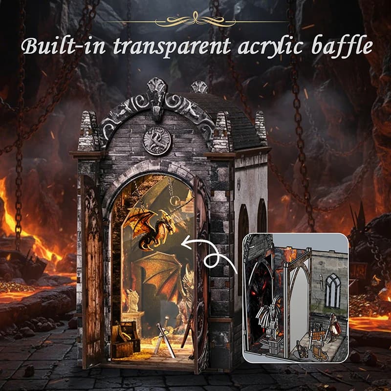 DIY Book Nook Kit Dragon Knight Castle Miniature Bookshelf Insert with LED Light Wooden Bookend Creative Craft Gift Home Decor