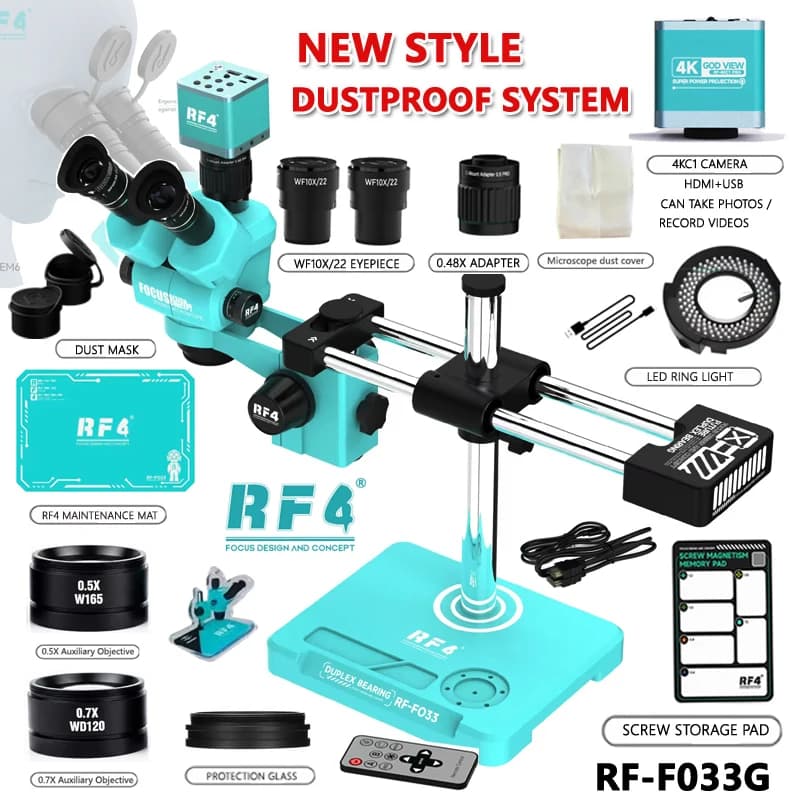 RF4 Dustproof System Simul-Focal Double Boom Stand Trinocular Microscope 6.5-55X 4K HDMI USB Camera Phone Soldering PCB Repair