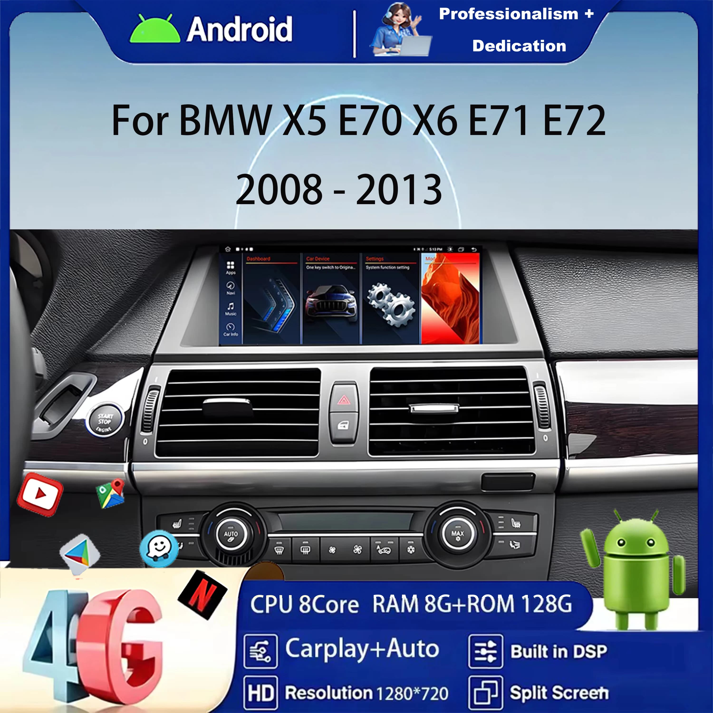 8.8 inch Android 15 For BMW X5 E70 X6 E71 E72 2008 - 2013 Car Radio GPS Wireless Carplay Auto BT Carplay Qualcomm Video Tools