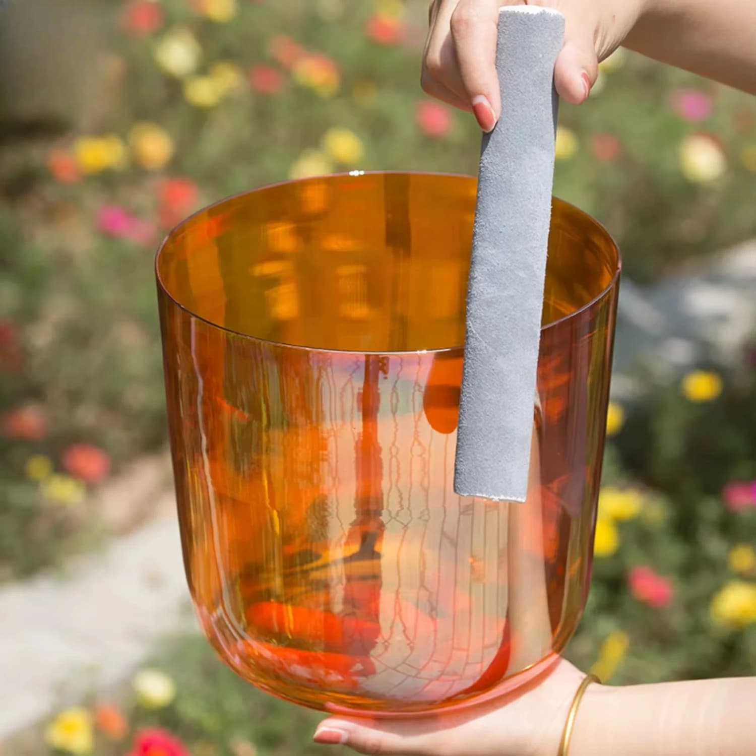 432Hz Orange Quartz Crystal Singing Bowl with Free Mallet for Sound Bath Meditation Chakra Healing