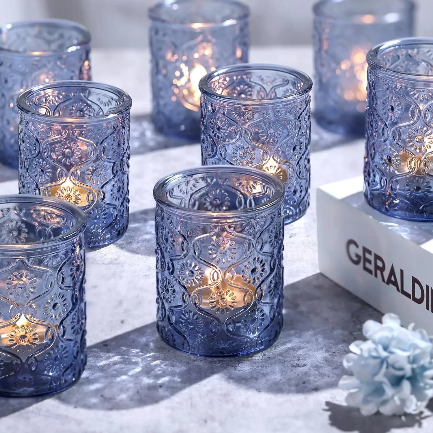 Set di 24 Portacandele Votivi Blu, Portacandele Vintage in Vetro a Forma di Fiore per Centrotavola Matrimoniali, Decorazione Boho per la Casa