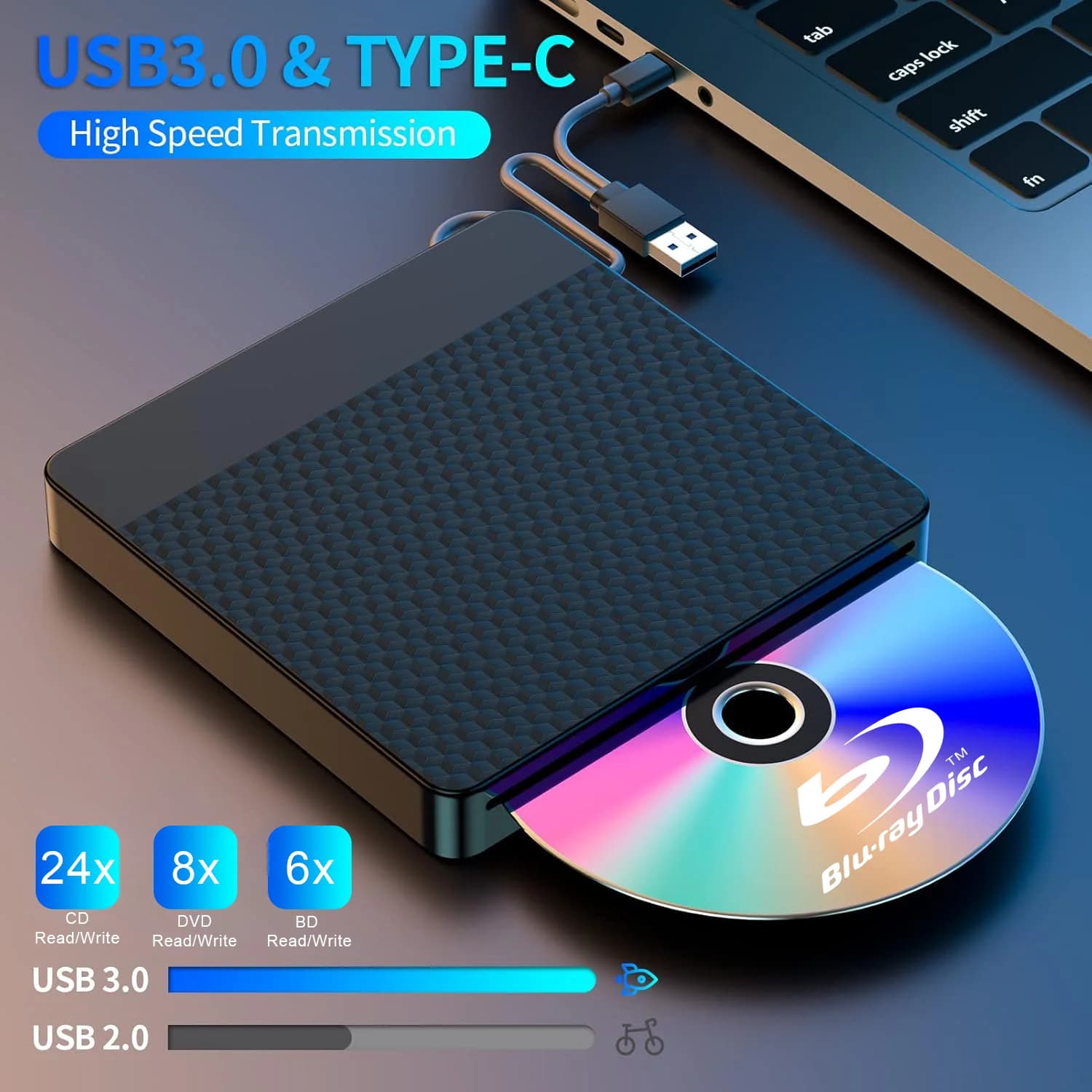 Unità Blu-Ray Esterna per Laptop con Slot USB 3.0 e Type-C, Masterizzatore BD Portatile 3D, Lettore/Scrittore BD DVD CD