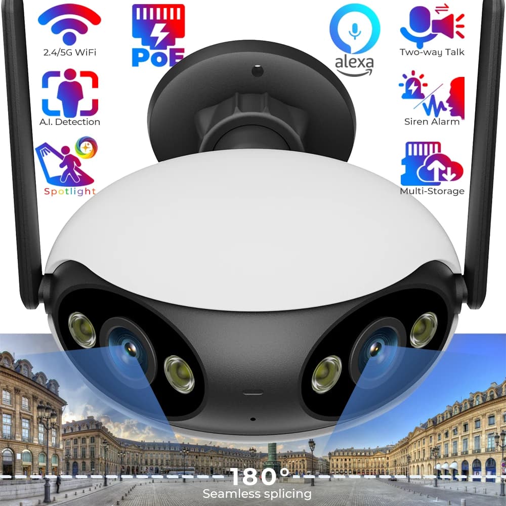 All'aperto WIFI Poe Fotocamera IP Lente doppia 180 ° Angolo ampio Panoramico Rilevamento umano/auto Zoom di tracciamento automatico Telecamera di sorveglianza di sicurezza app ICSEE