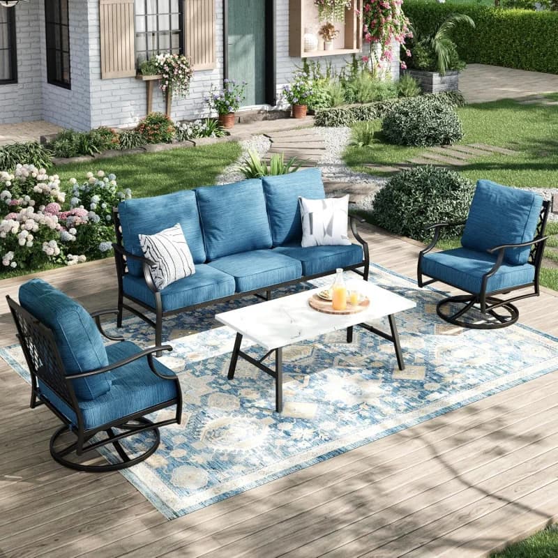 Set di Mobili da Giardino in Metallo a 4 Pezzi, 3 Divani con 2 Sedie Girevoli e Tavolino, Set Conversazione con Cuscini Spessi 5,75 Pollici