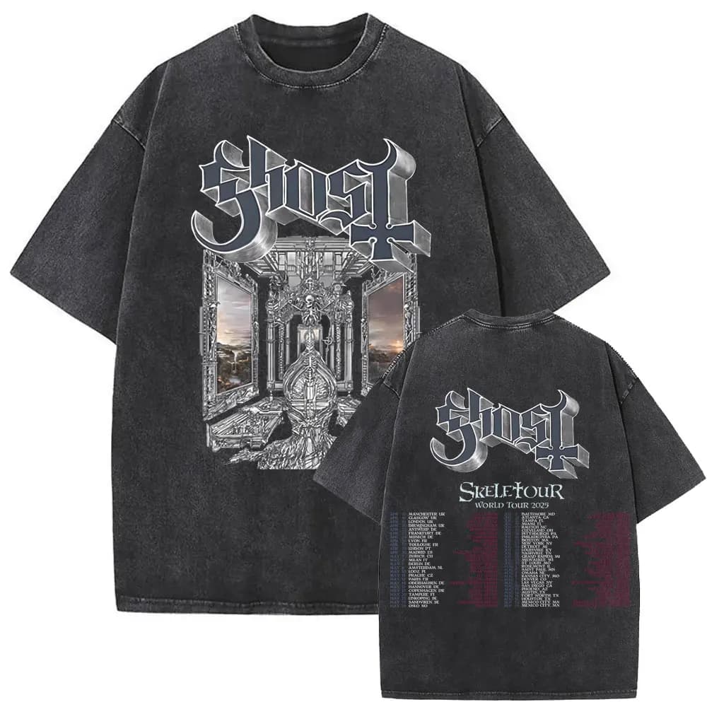 Limitata Ghost Skeletour World Tour 2025 Vintage Lavato Scheletro Grafica T-shirt Uomo Donna Gotico Punk Rock T-shirt Streetwear