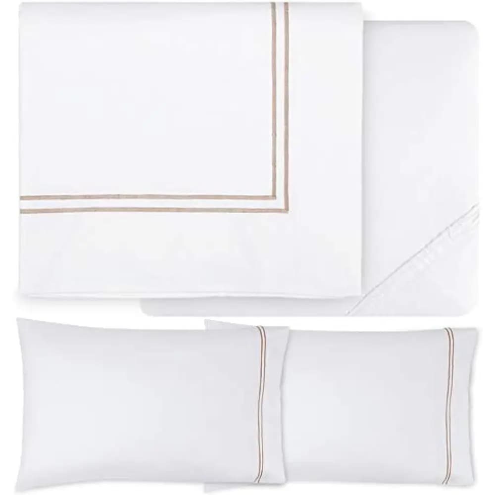 King Size Hotel Style White and Taupe Bed Sheet Set