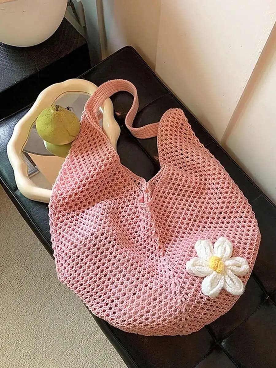 Pink Crochet Hollow Out Tote Bag With Flower Decoration Bohemian Style Beach Handbag Large Capacity Slouchy Casual Bag