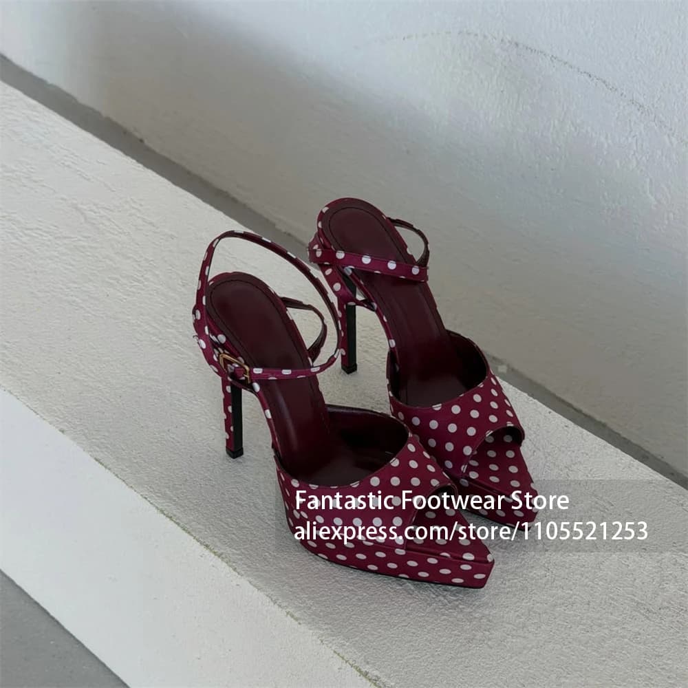 Black White Polka Dot Satin Platform Stiletto Heels Peep Toe Slingback Ankle Strap Party Evening Dress Summer Sandals for Women
