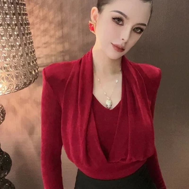 Y2K T-shirt slim patchwork pieghettate Primavera Autunno Nuove donne Abbigliamento manica lunga Solid All-match Top eleganti Moda Vintage