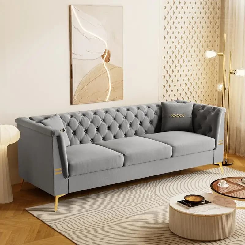 Divano moderno in velluto trapuntato, divano a 3 posti Mid-Century da 82,67 pollici con gambe dorate e 2 cuscini, elegante divano in stile Chesterfield per