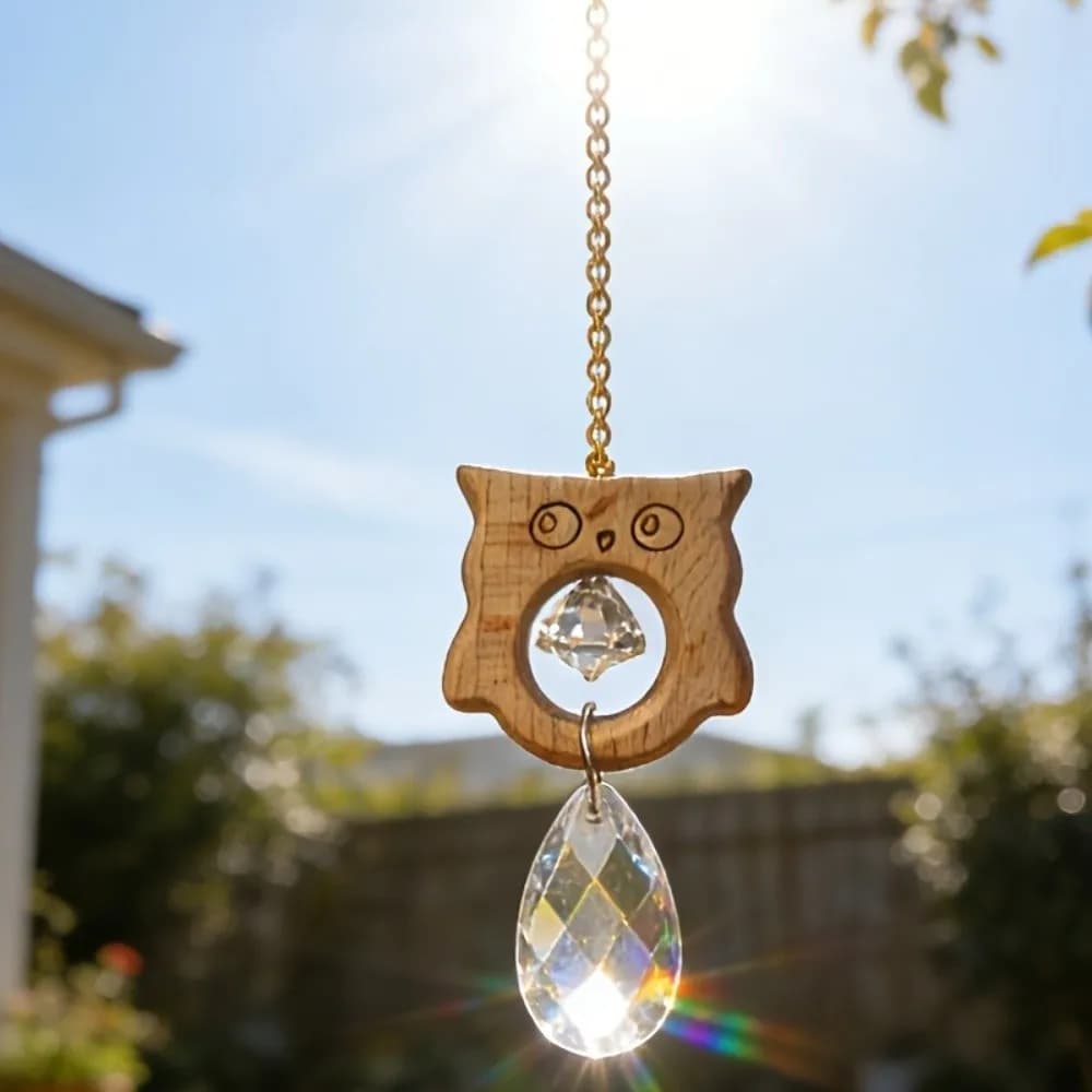 Crystal Wooden Owl Wind Chimes Rotating Colorful Sun Catcher Hanging Exquisite Hollow Out Light Collection Pendant Outdoor