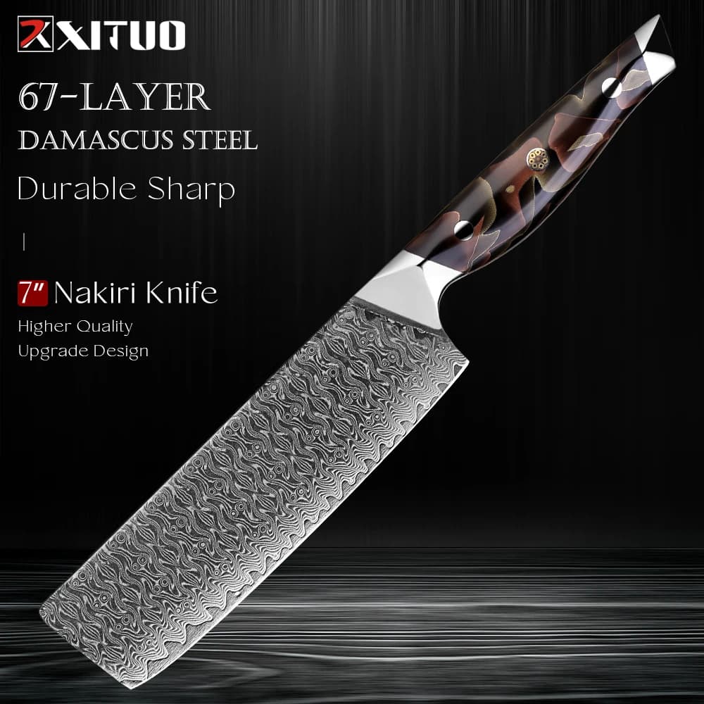 Coltello Nakiri da 7 Pollici, Acciaio Damascato Giapponese, Affilato Coltello da Cucina Asiatico Professionale per Verdure, Manico in Resina Rame-Platino