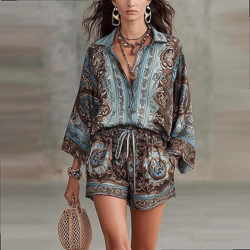 Completo da donna a 2 pezzi stampato con pantaloncini e maniche lunghe, set estivo coordinato per il tempo libero, tuta intera
