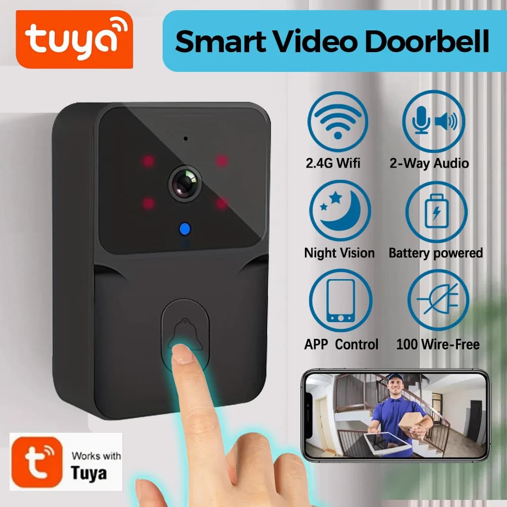 tuya Wireless smart video bell, WiFi 2.4G home security camera, bidirectional audio, night vision, battery, safe domestic monitoring