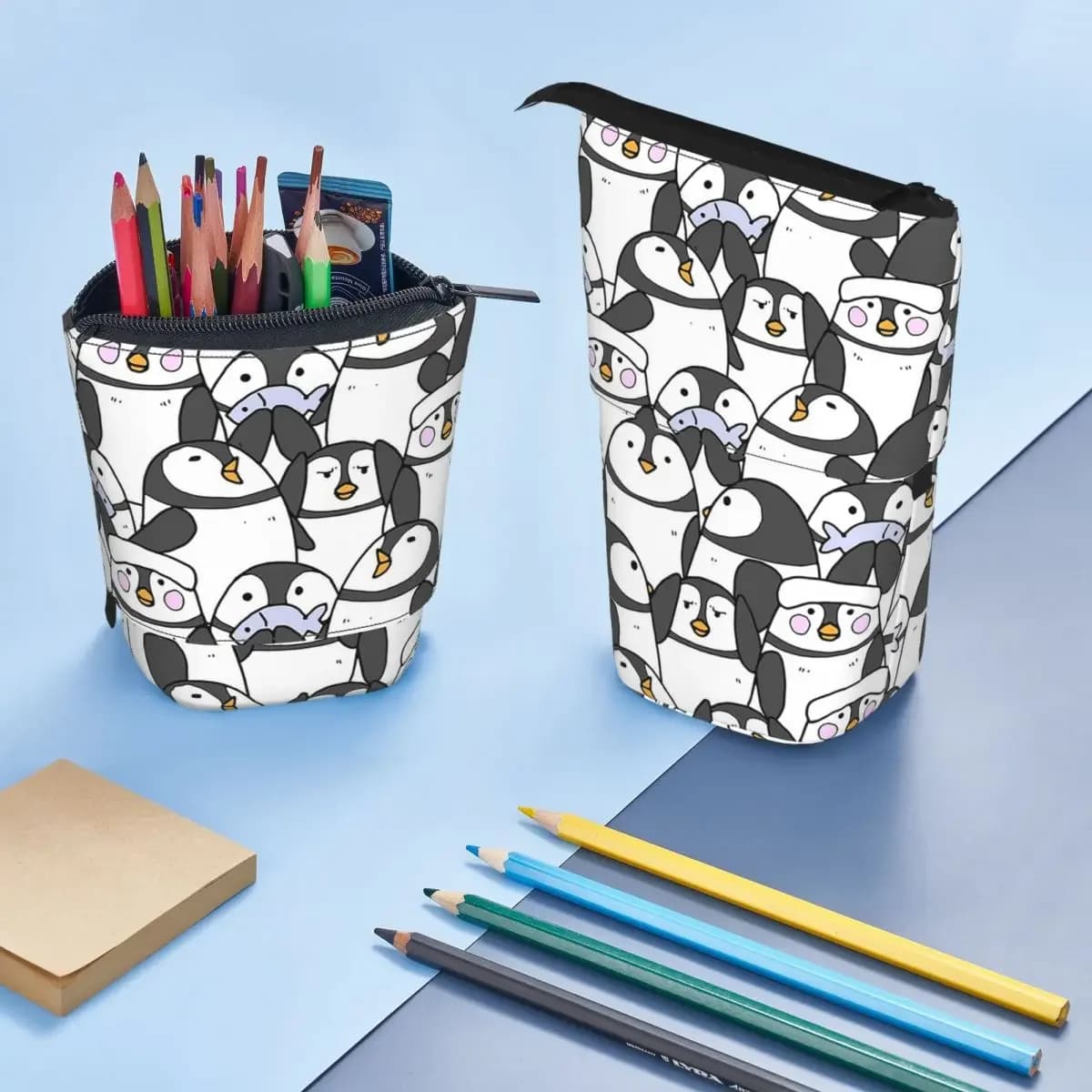Hand Drawn Penguin Set Reversible Pencil Case for Students Gifts Pen Box Pencil Bag Stationery Supplies Pen Holder Bag