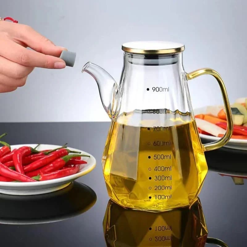 Pentole per olio in vetro 500/700/900ml Bottiglia di olio diamantata a prova di perdite con scala/coperchio Contenitore per condimenti per salsa di soia da cucina