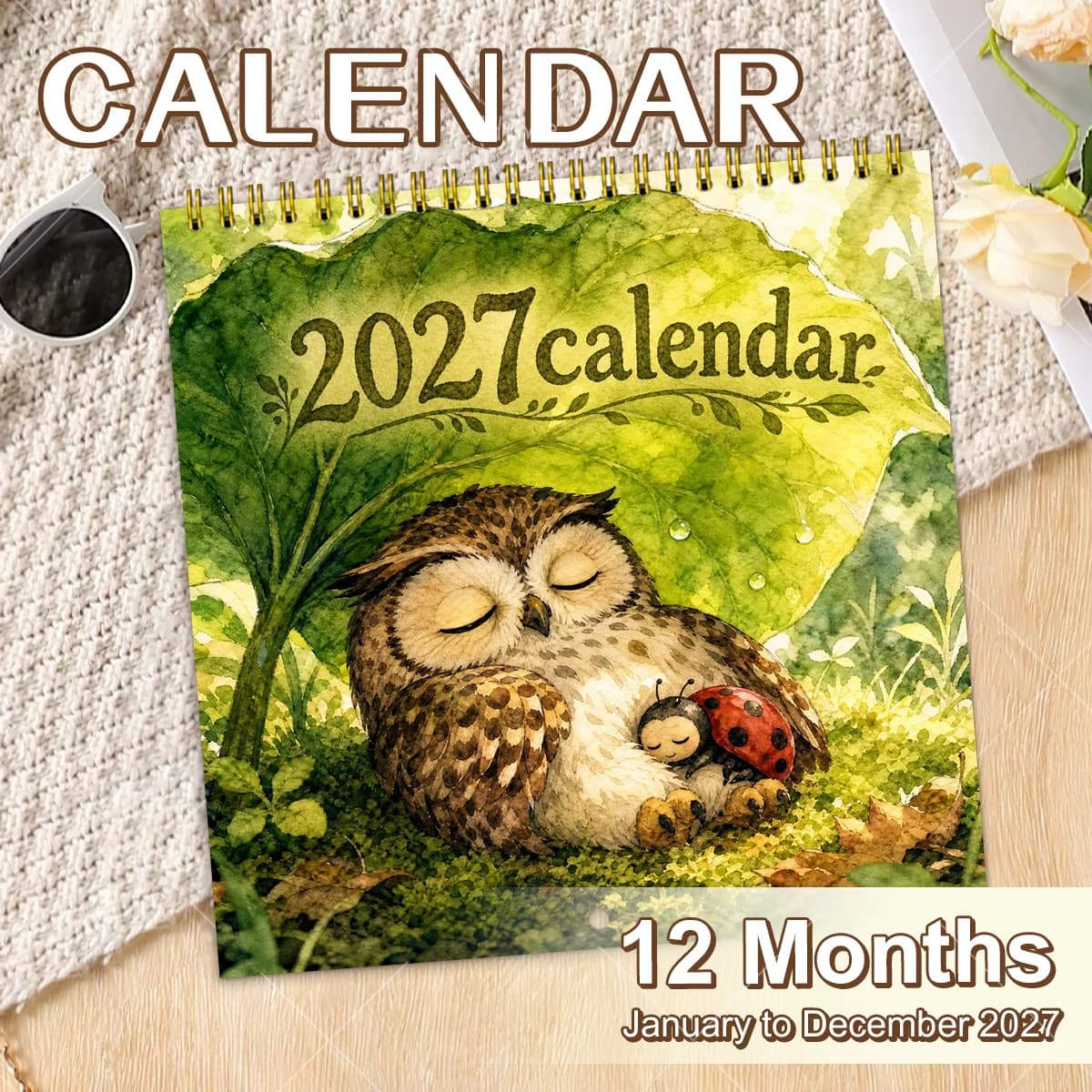 `2027 Cozy Owl Wall Calendar,Spiral Bound 12 Month Planner,Whimsical Forest Watercolor Art,Home Decor & Nature Lover Gift`