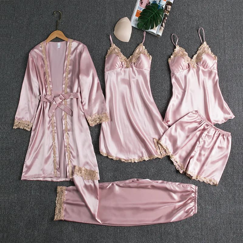 Set pigiama sexy casual da 5 pezzi in raso di seta con reggiseno imbottito, top da donna, pantaloncini e vestaglia ampia con imbottitura sul petto per la casa