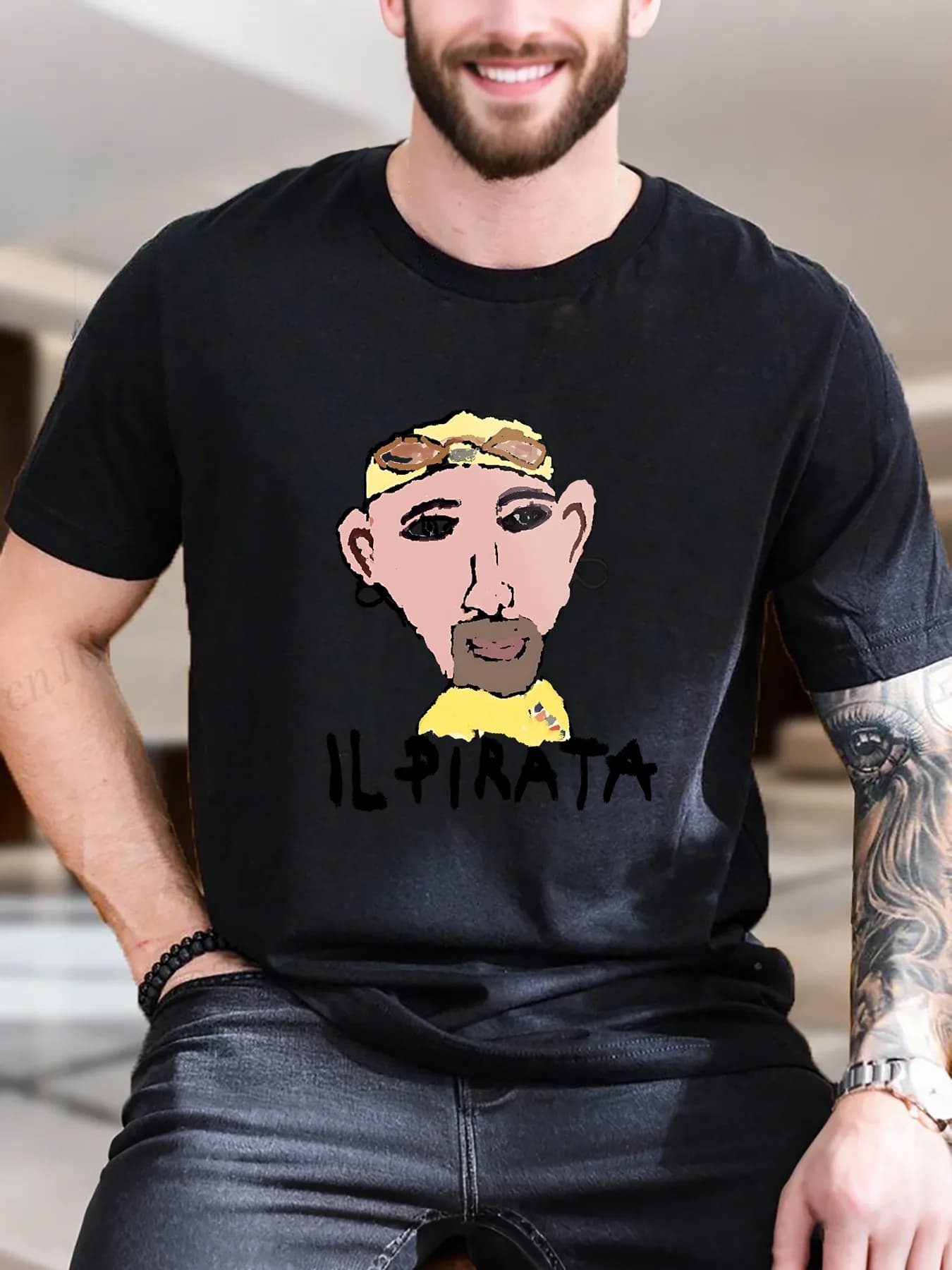 T-shirt con stampa grafica da uomo di nuova moda di arrivo 100% cotone comoda maglietta traspirante sciarpa gialla barba arte design casual estate