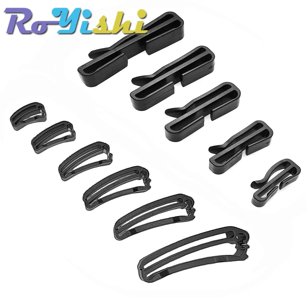 10 Pz/pacco Quick Slip Keeper Fibbia End Clip Slider Nero Per Molle Zaino Tattico Cinghia di Regolazione Tessitura 15-50mm
