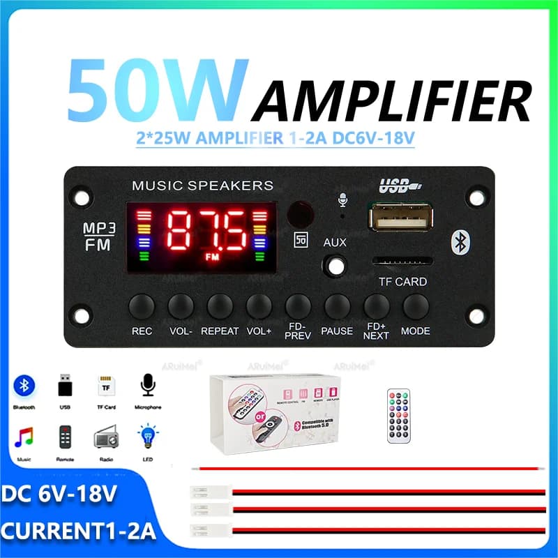 2*25W Bluetooth Amplifier Kit with Remote Display DC6V-18V Power Supply Cable for Car Audio Desktop PC Home Theater DIY Speaker