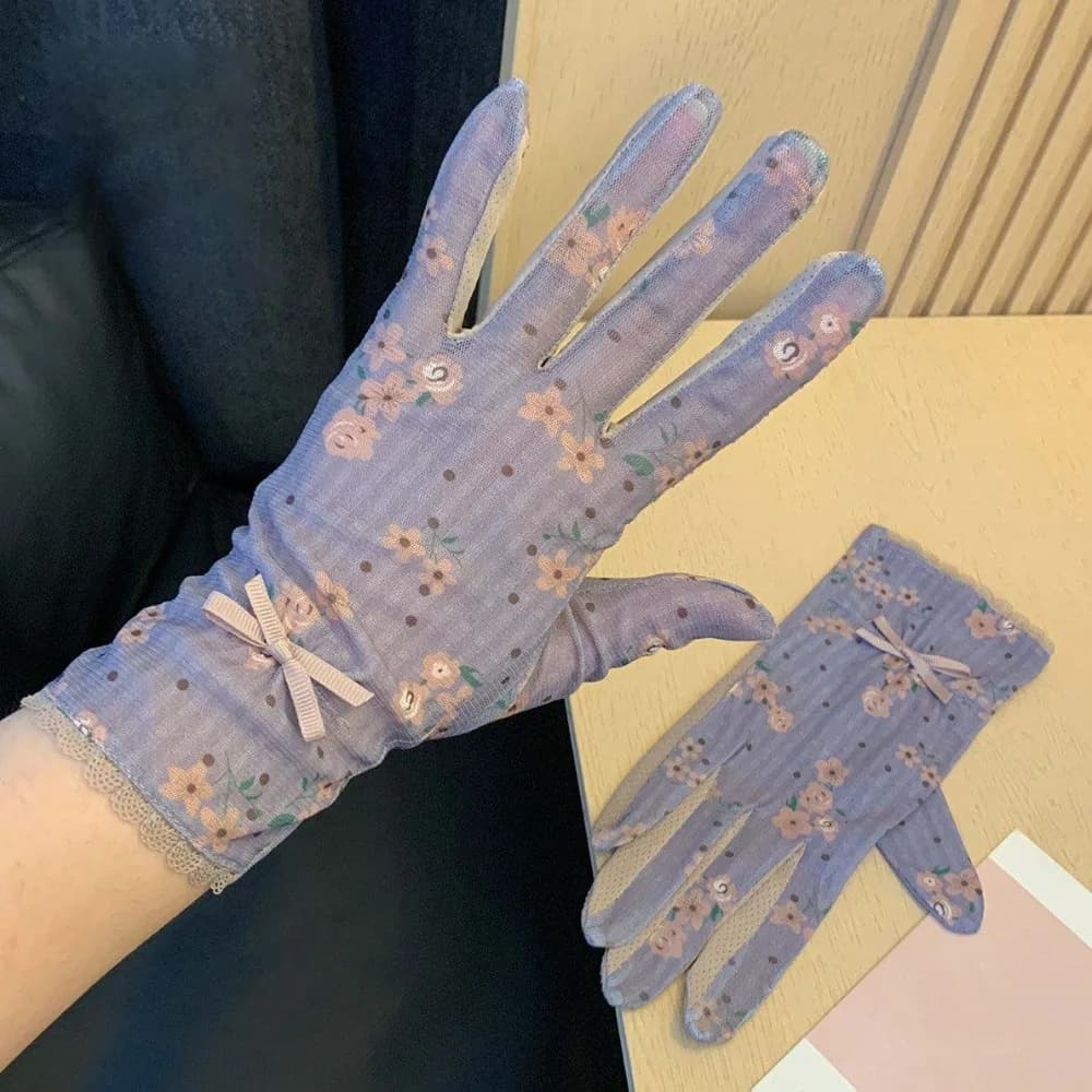 1 Pair Breathable Sunscreen Gloves Silicone Anti Slip Quick Dry Lace Mesh Gloves Floral Printed Sun Protection