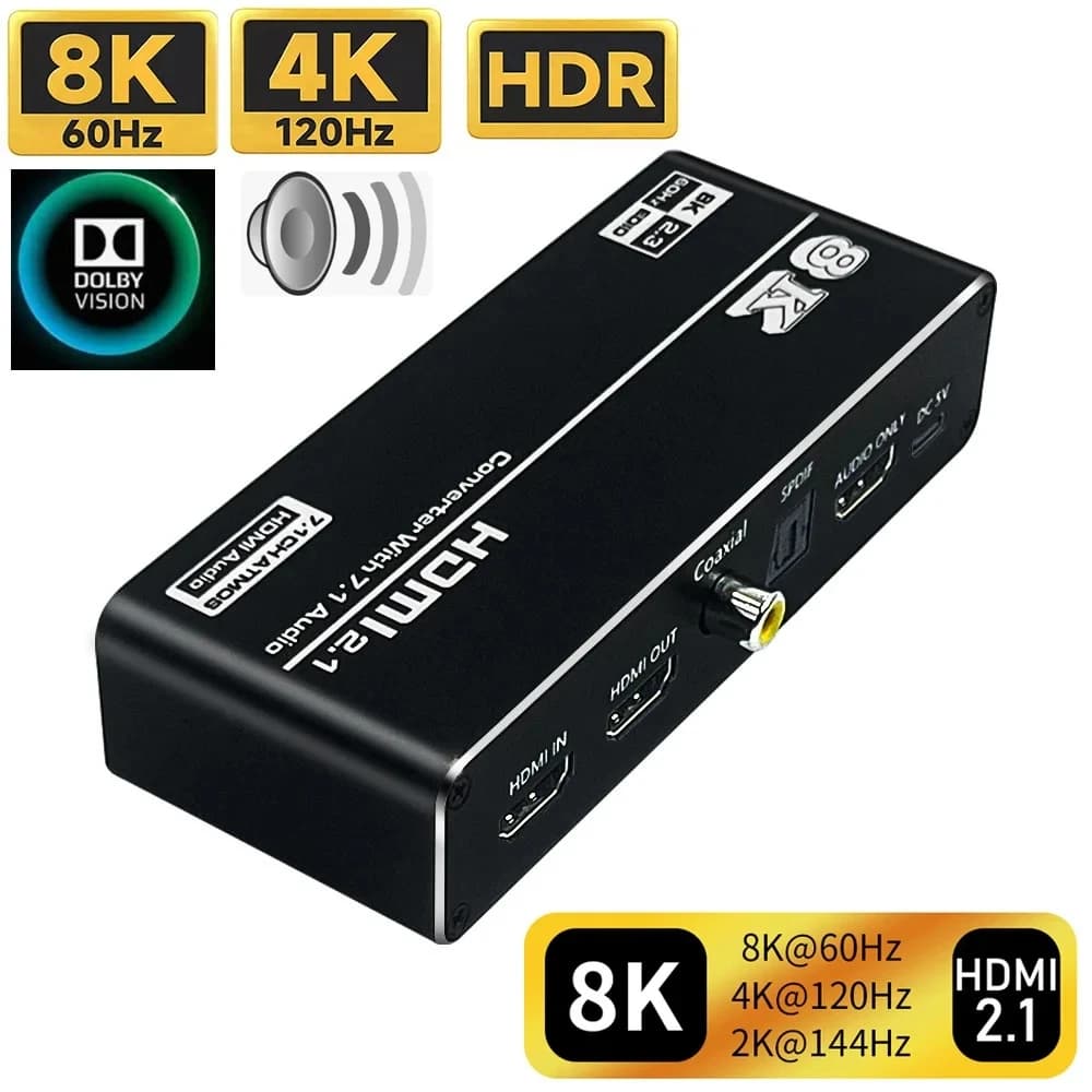 HDMI 2.1 Audio Extractor 4K 120Hz 8K 60Hz HDMI Video Splitter Audio Converter Receiver for PS5 Xbox S TV