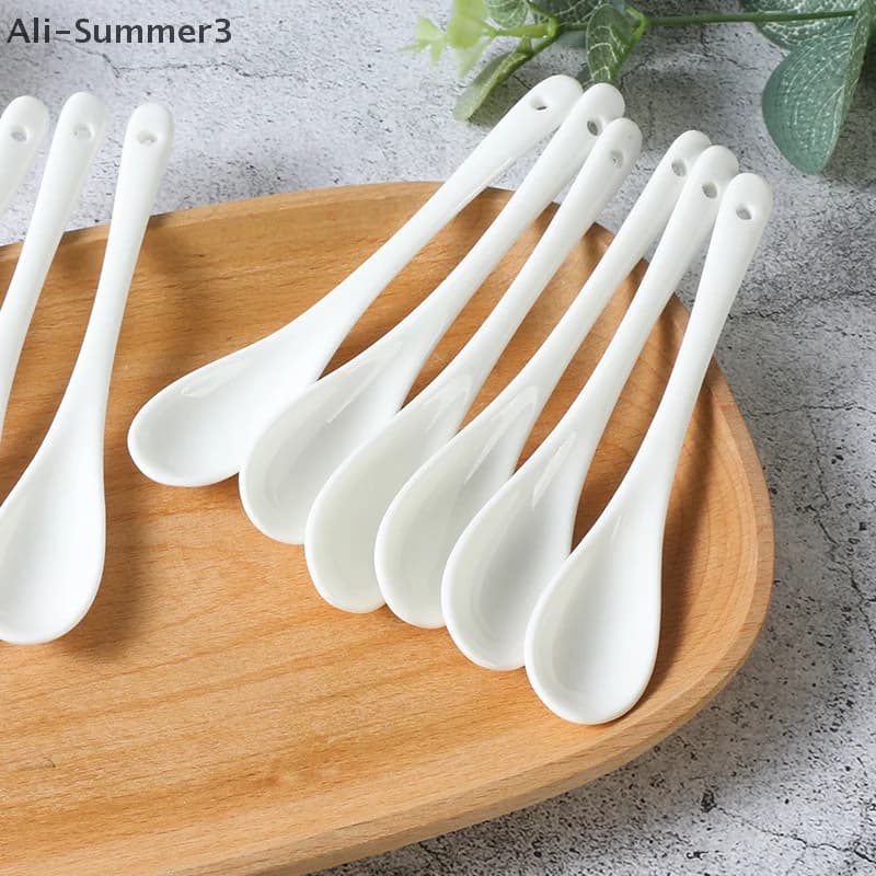 5PCS Porcelain Spoons Mini Kitchen Ceramic Tea Coffee Sugar Dessert Spoon New Pure White Flatware