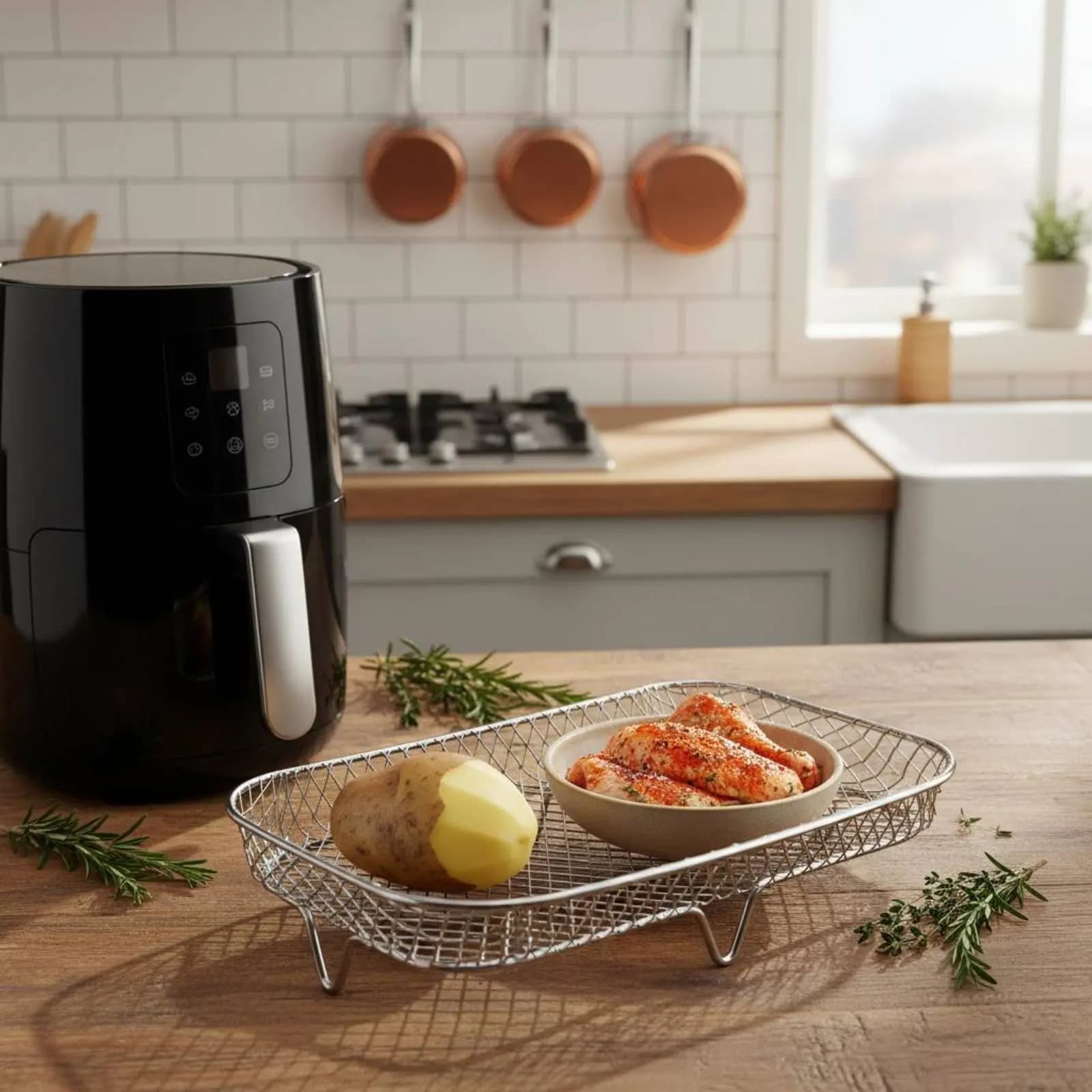 Griglia per Friggitrice ad Aria Versatile, Cestello in Rete di Acciaio Inossidabile per Grigliare, Cestello in Filo Metallico per Alimenti, Facile da Pulire
