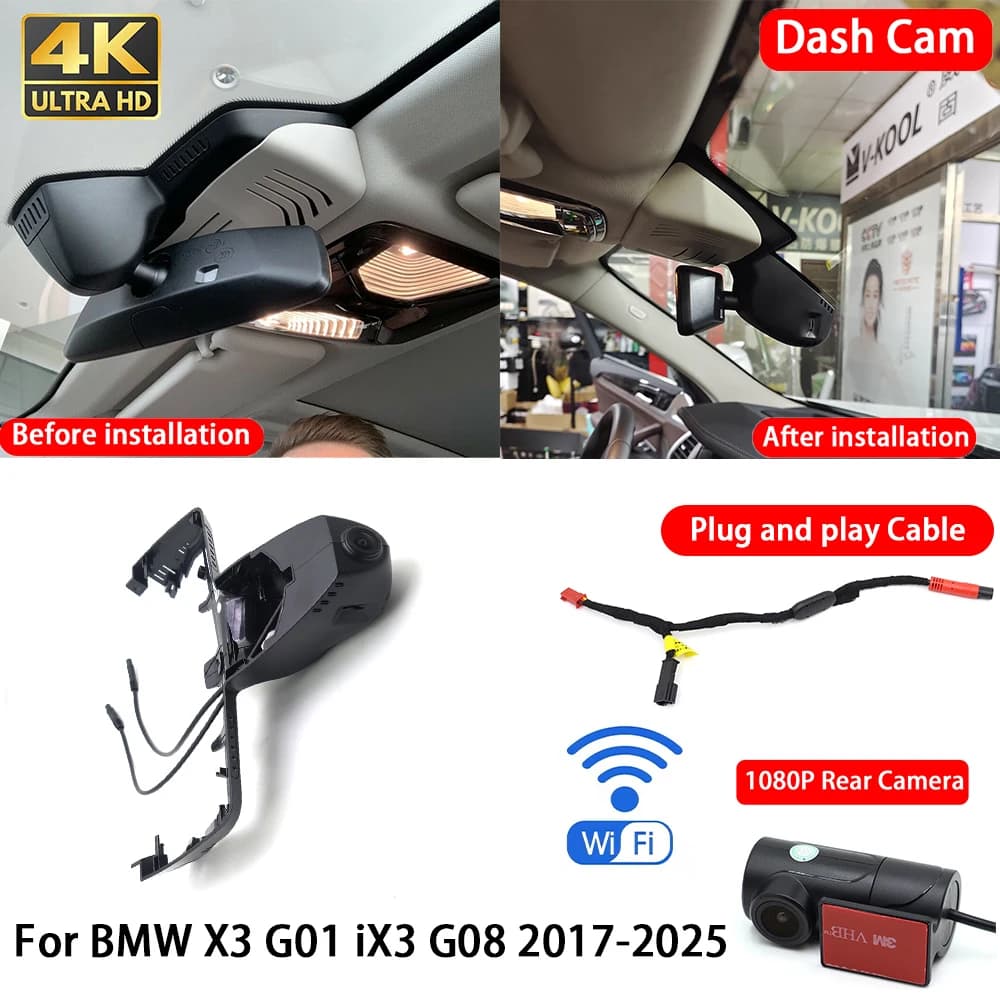 for BMW X3 G01 IX3 G08 2017-2025 4K Dash Cam Front Rear Car Camera Wifi Plug & Play Video Recorder Loop Recording Night Vision