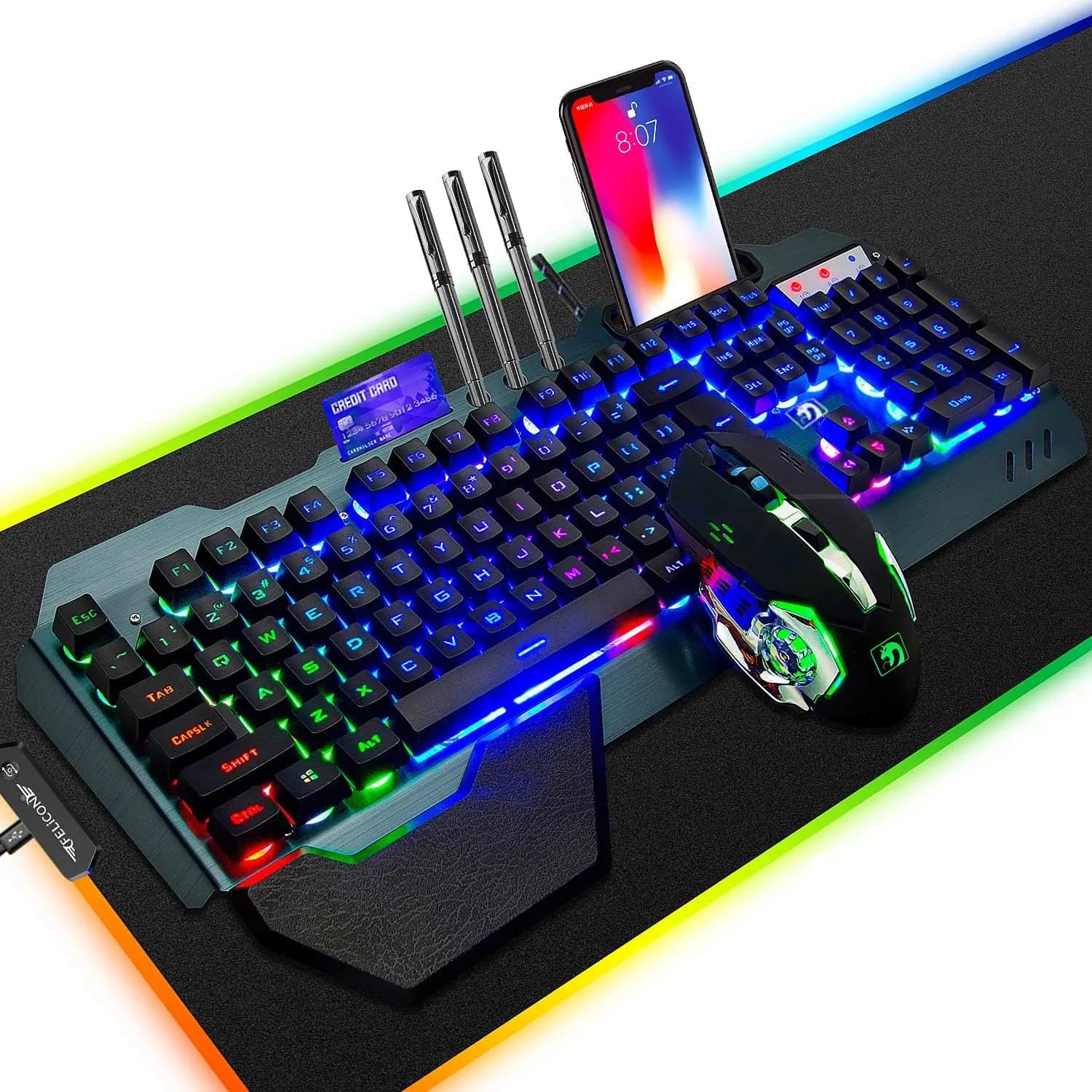 Combo Tastiera e Mouse da Gaming RGB con Tappetino Grande, Poggiapolsi, Supporto per Telefono, 3200 DPI, Pannello in Alluminio