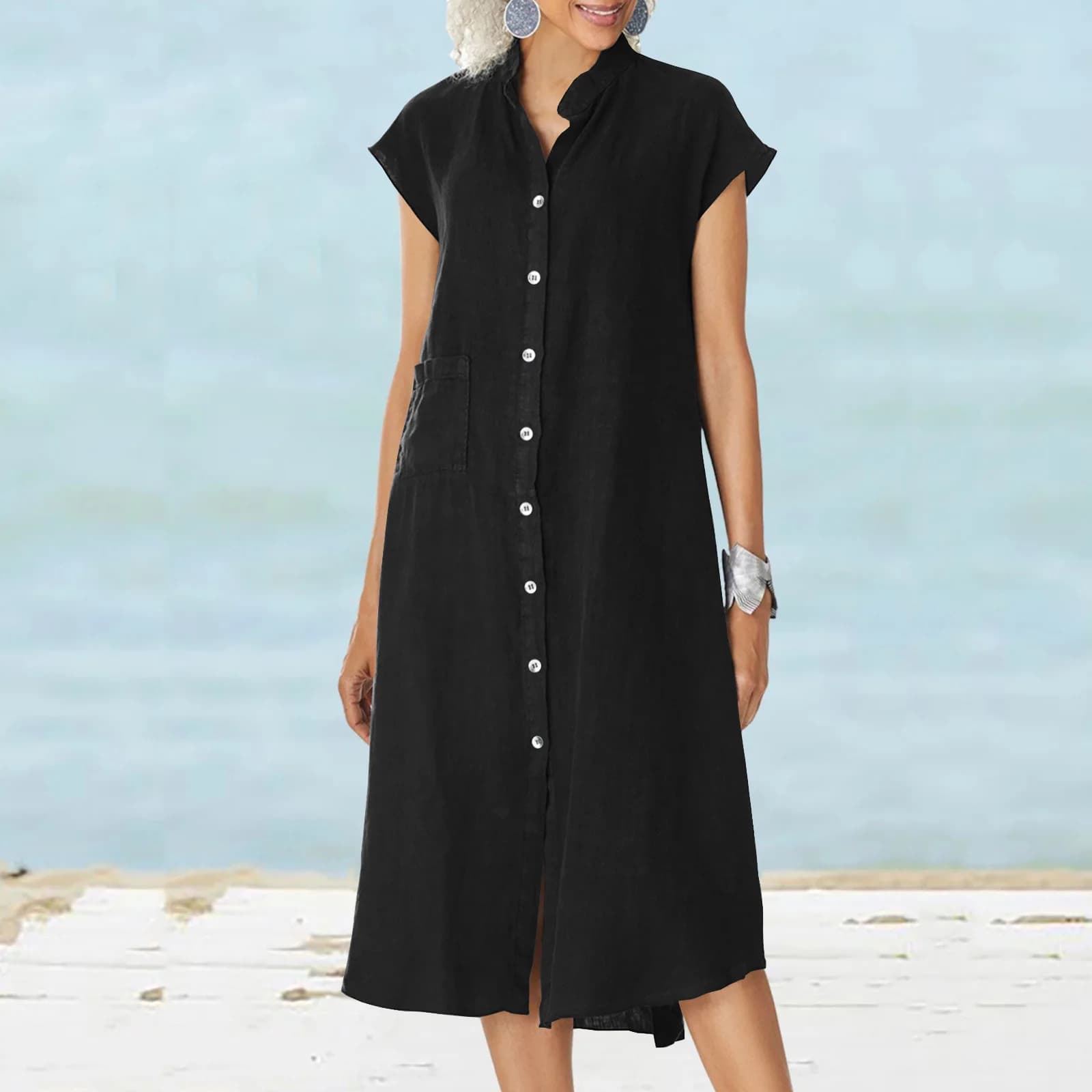 Abito chemisier midi casual in misto cotone con bottone singolo, da donna, nero, con colletto alla coreana, stile europeo, tinta unita, vita media, linea ad A