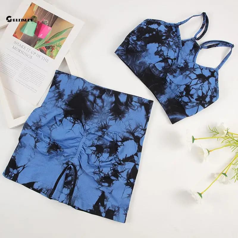 CHRLEISURE Women's tie-dye yoga set, seamless sportsuit, cycling shorts with racing bra, gymsuit, full elastic fitness