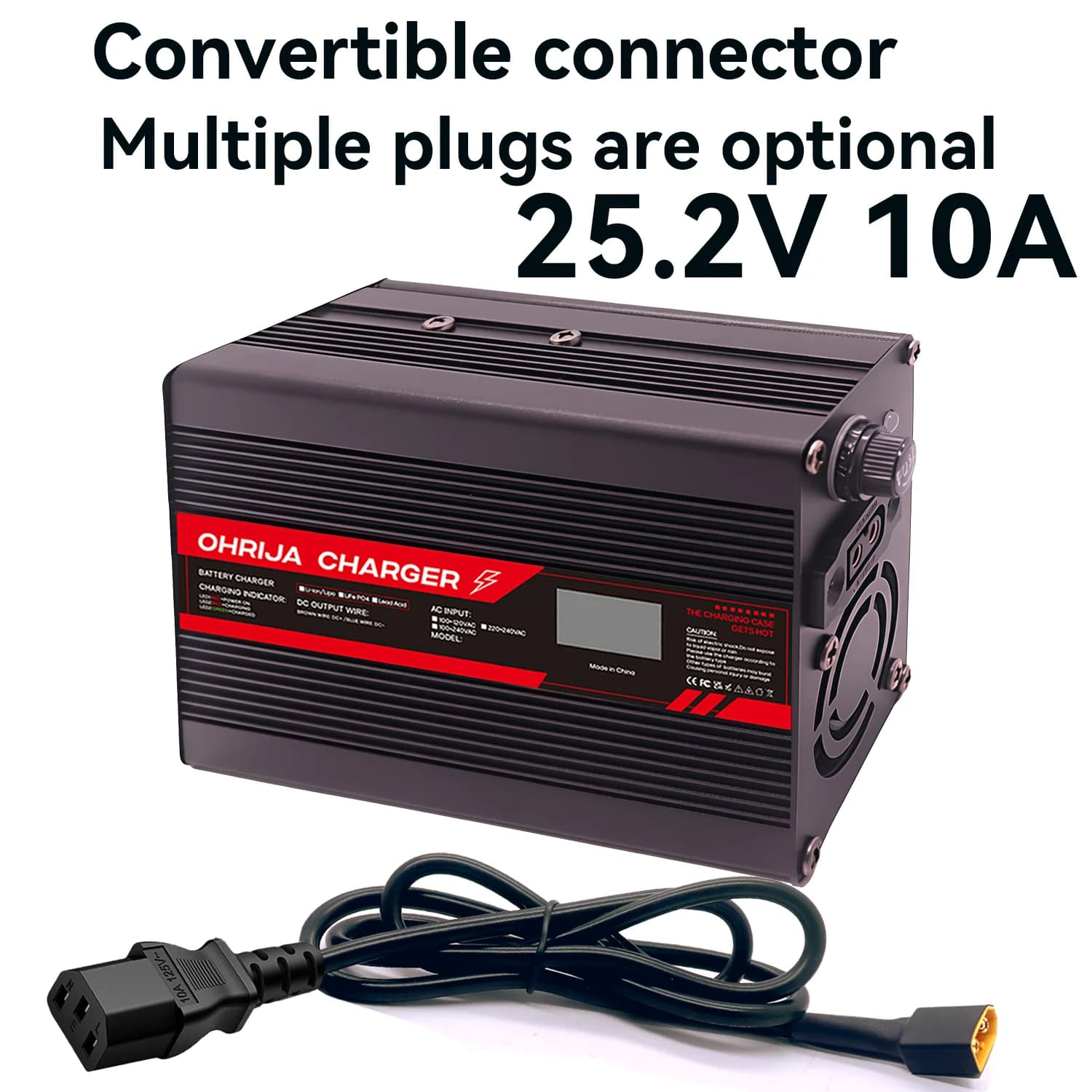 Caricabatterie rapido per batteria al litio da 25,2 V 10 A per display OLED 6S 22,2 V e connettore intercambiabile Stabilizzazione rapida con ventola di raffreddamento