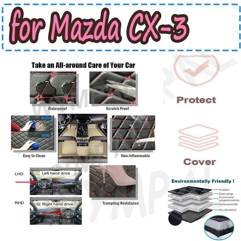 LUXURI Tappetini per auto per Mazda CX-3 CX3 DK 2016 ~ 2022 Tappetino di lusso in pelle Tappeto protettivo Set di tappeti Parti interne auto Auto