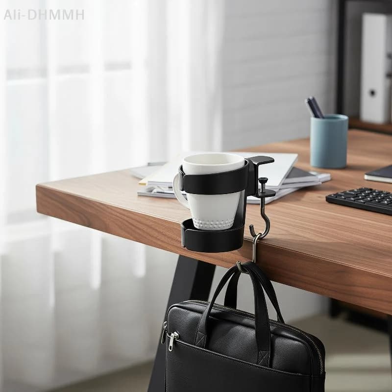 ZLinKJ Clip On Desk Cup Holder No Drill Anti-Spill Space Saving Design for Coffee Mugs Water Bottles Home Office Gaming Desks